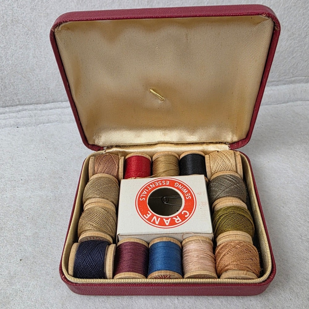 Vintage Sewing Kit Red Travel Case Wooden Thread Spools Needles Mending Set
